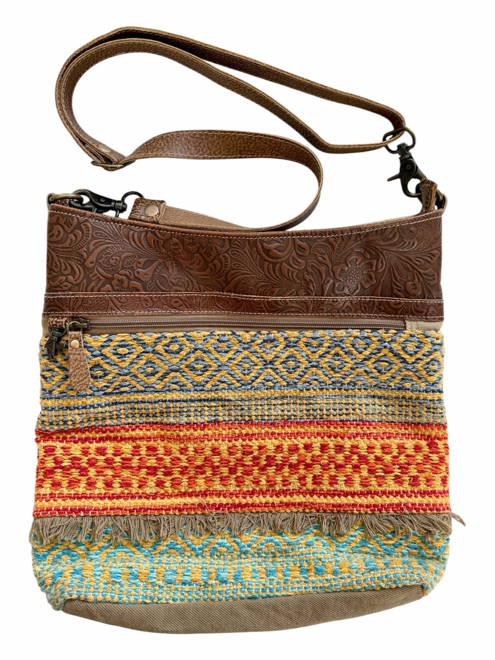Myra Bag Crossbody Purse Hand tooled Leather & Canvas Southwest Tapestry Boho